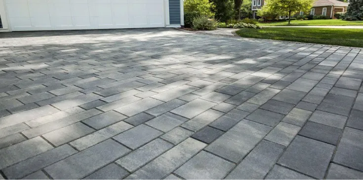Linear pavers introduce a quiet rhythm to the driveway, creating visual interest without overwhelming the space. The elongated format lends a modern, architectural elegance that feels both dynamic and restrained.