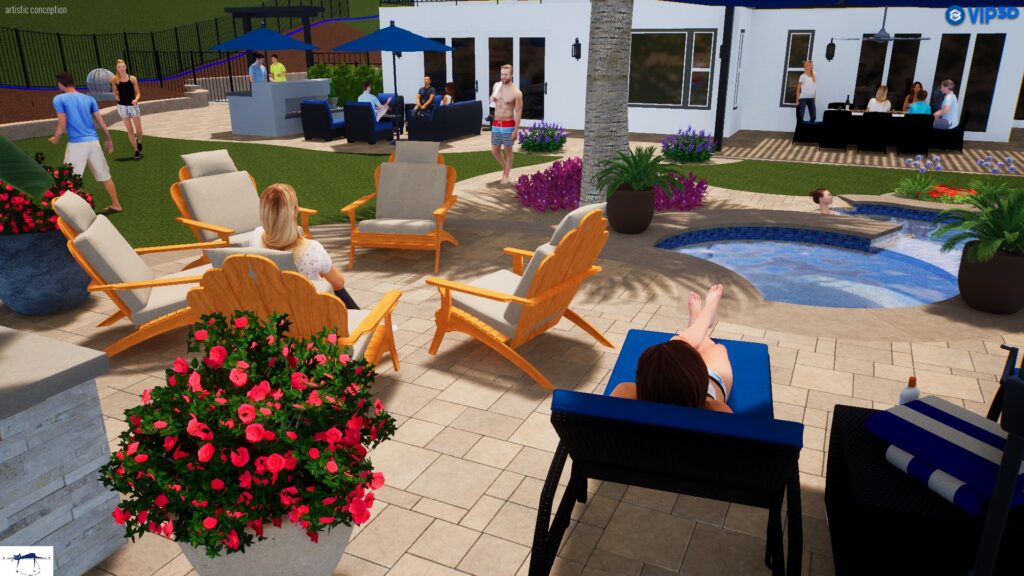 3D rendering of a backyard including lounge chairs, swimming pool, pavers