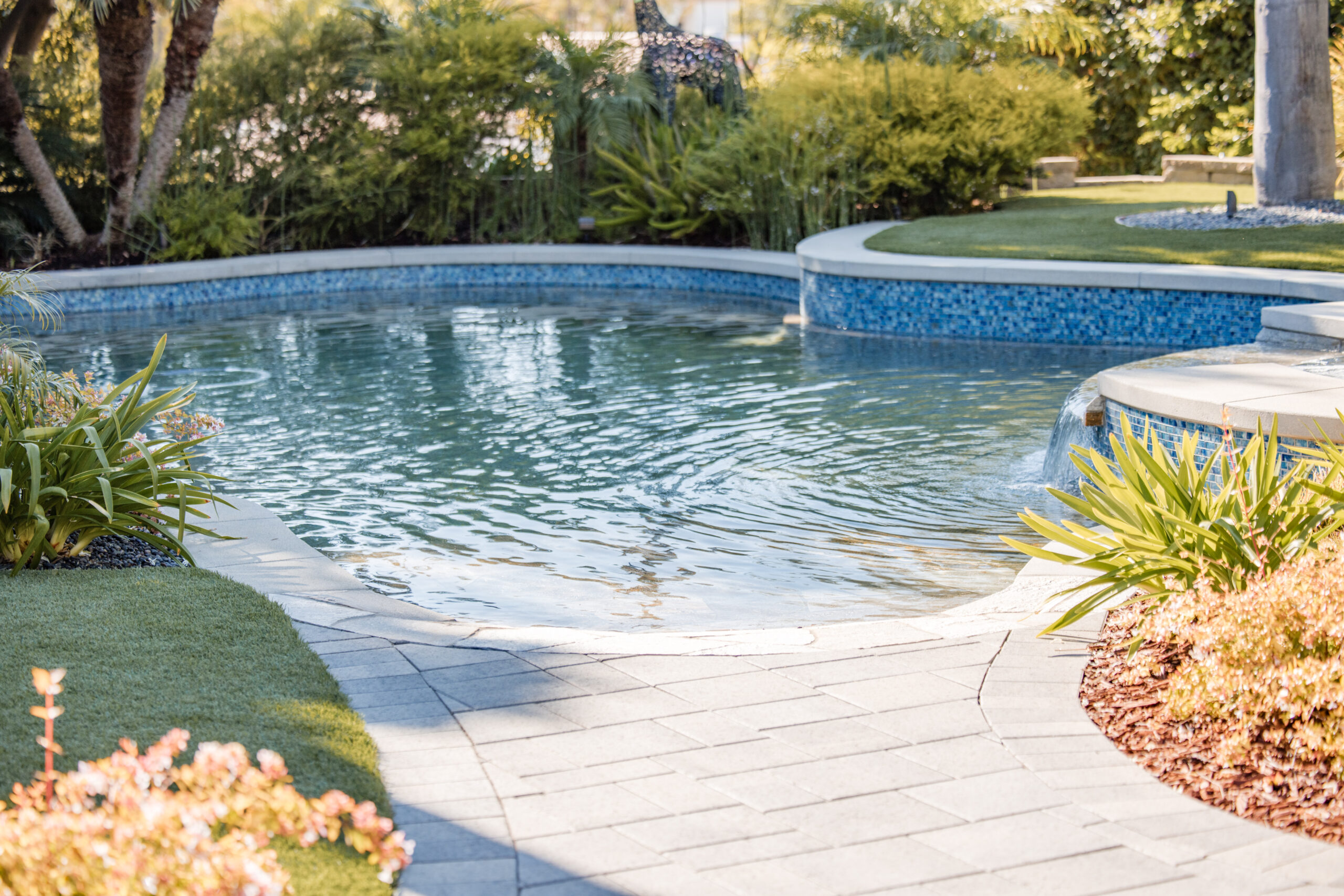 Beach entry swimming pool with shallow lounging area, natural stone paving, and tropical landscaping in a custom backyard design.