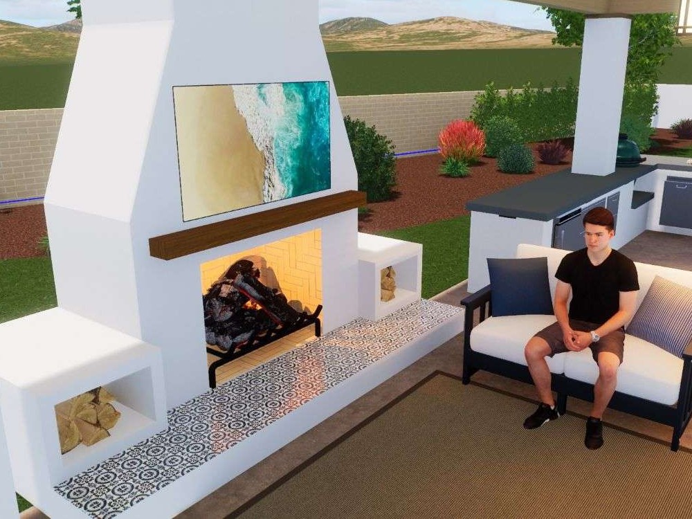 3D rendering of outdoor dining and kitchen, with fireplace and living room under a cabana.
