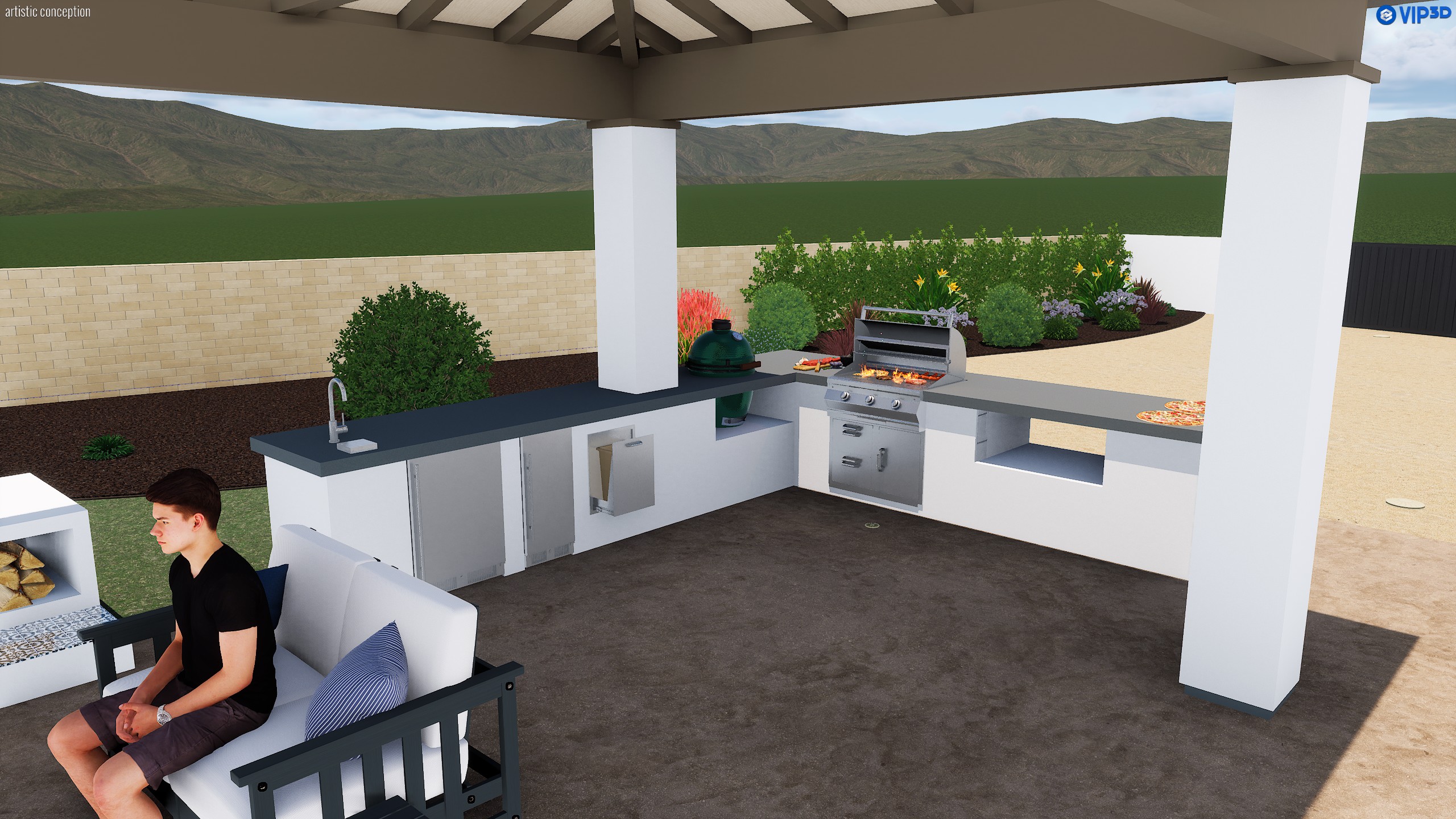 3D design of an outdoor kitchen underneath a cabana in newbury park, ca