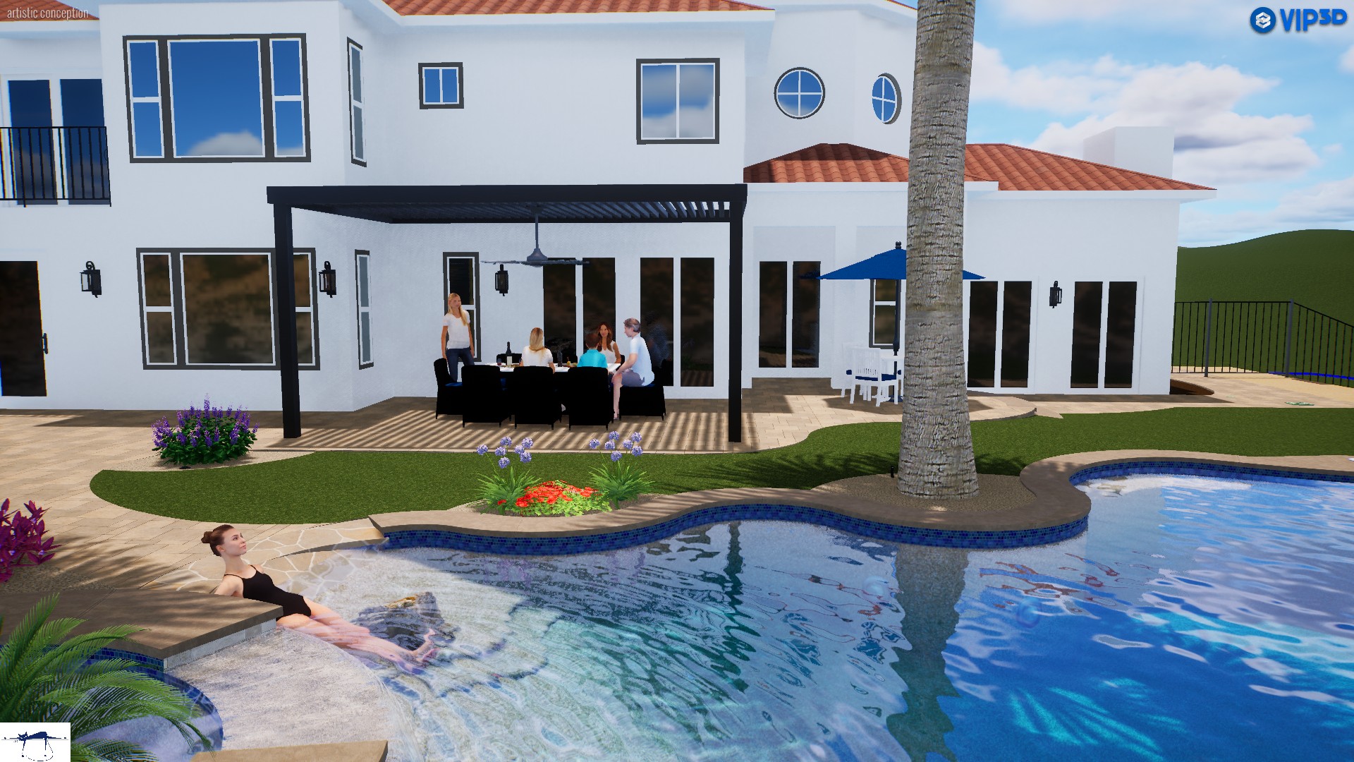 3D rendering of a custom backyard pool design featuring a beach entry, spa, modern pergola, outdoor dining area, and landscaped outdoor living space.
