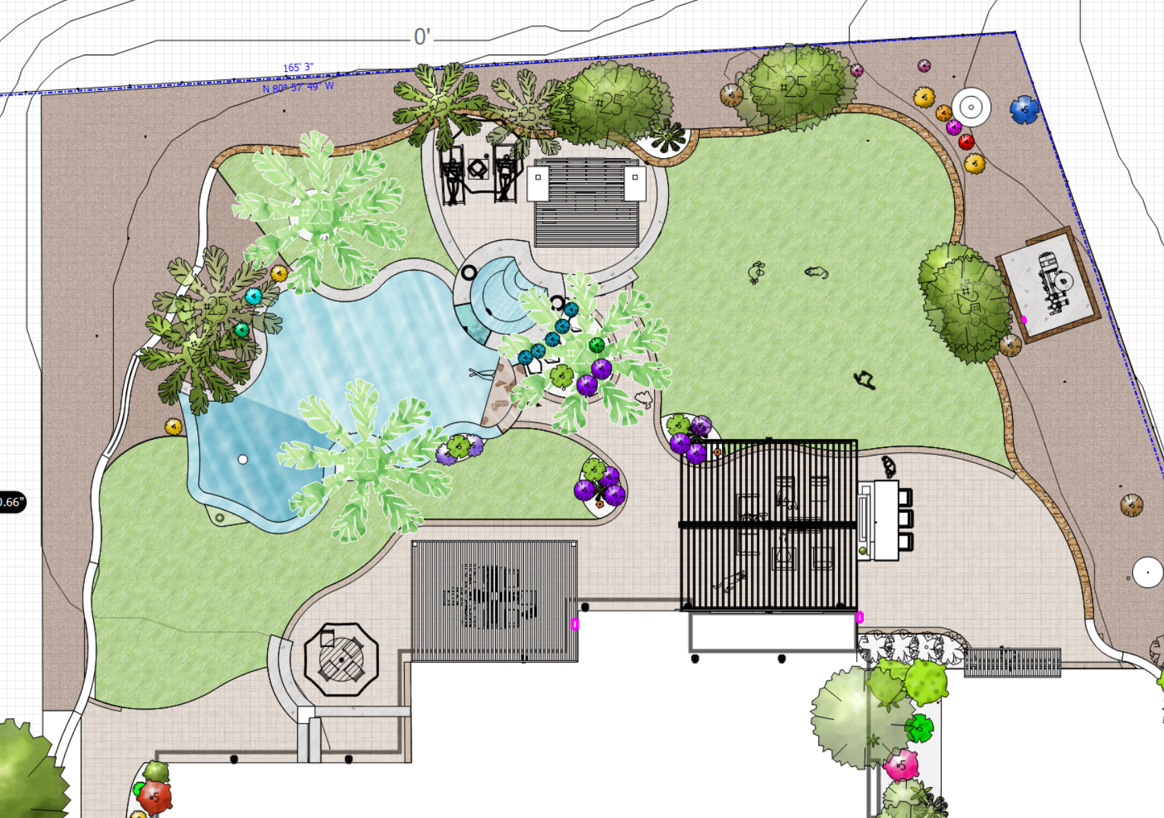Landscape and pool design plan showing custom swimming pool, spa, outdoor kitchen, and backyard layout in Camarillo, California.
