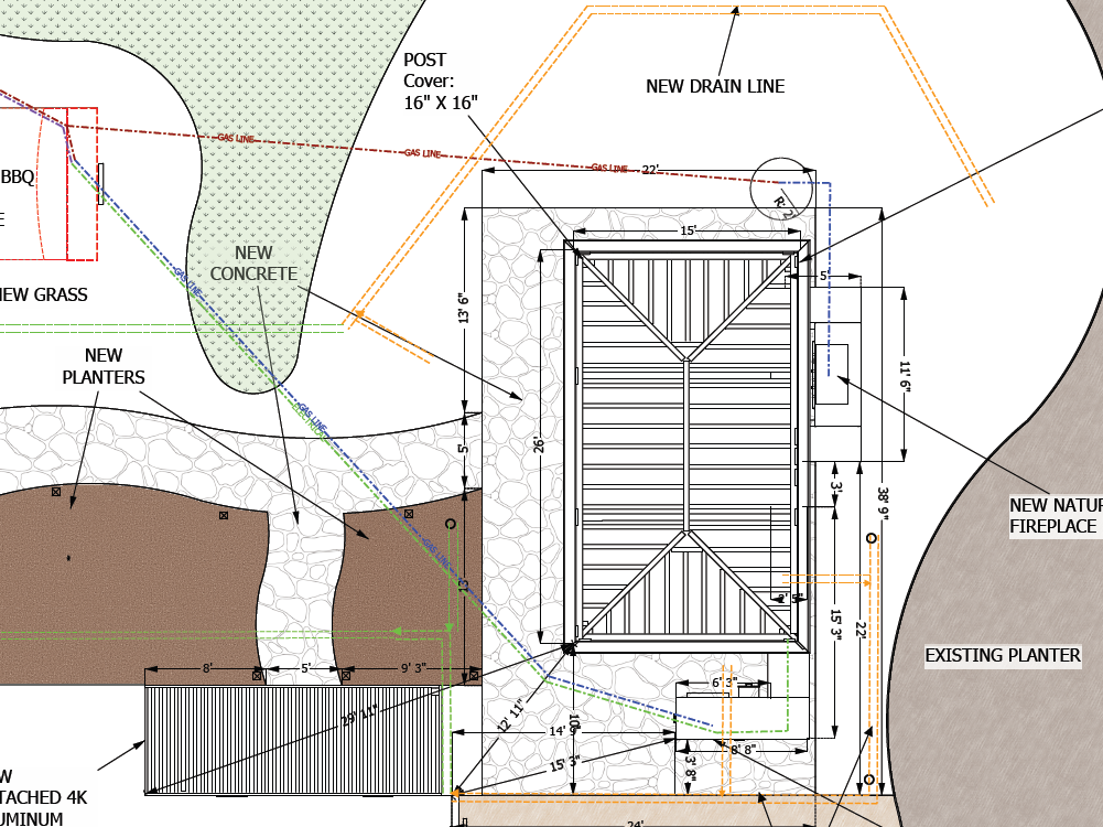 Site Plan including a cabana, grass lawn, pathways, electrical routes and gas line layout.